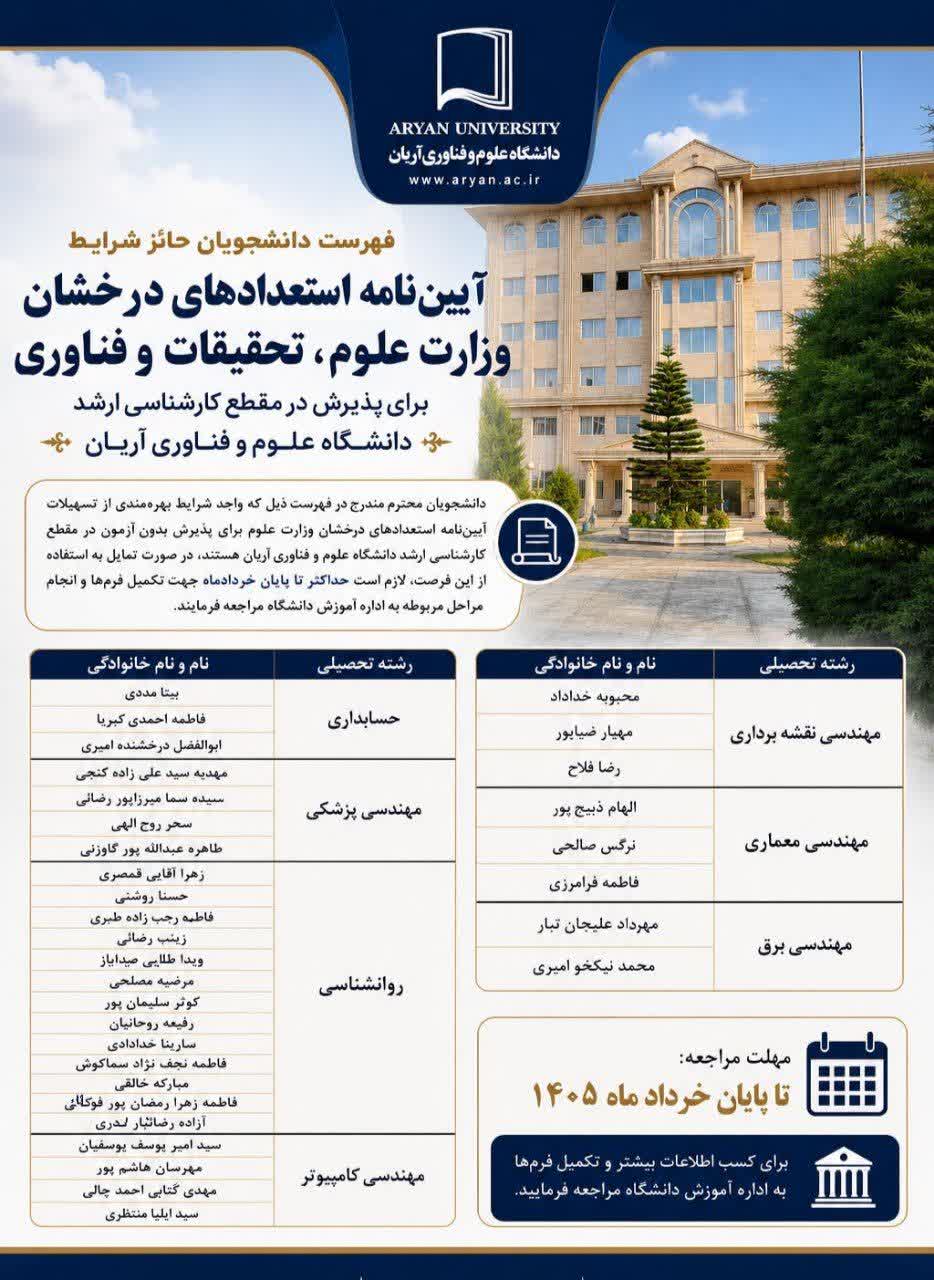 لیست استعداد درخشان ارشد ۱۴۰۵ مؤسسه آریان