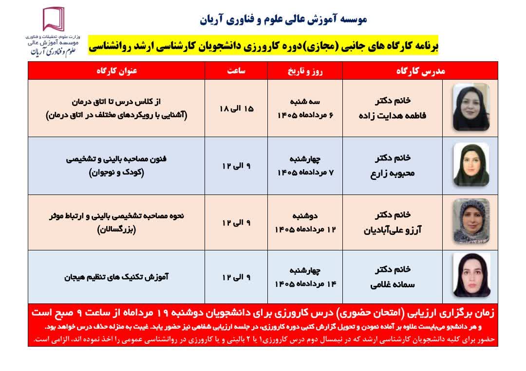 اعلام زمان برنامه (مجازی) کارگاه های جانبی (رایگان) دوره کارورزی دانشجویان کارشناسی ارشد روانشناسی موسسه آموزش عالی علوم و فناوری آریان