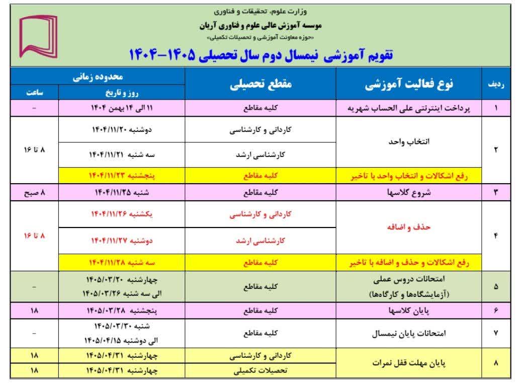 تقویم آموزشی نیمسال دوم ۱۴۰۵–۱۴۰۴