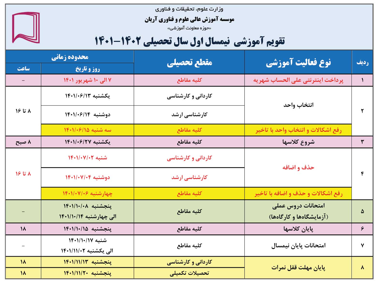 تقویم آموزشی نیمسال اول ۱۴۰۲–۱۴۰۱
