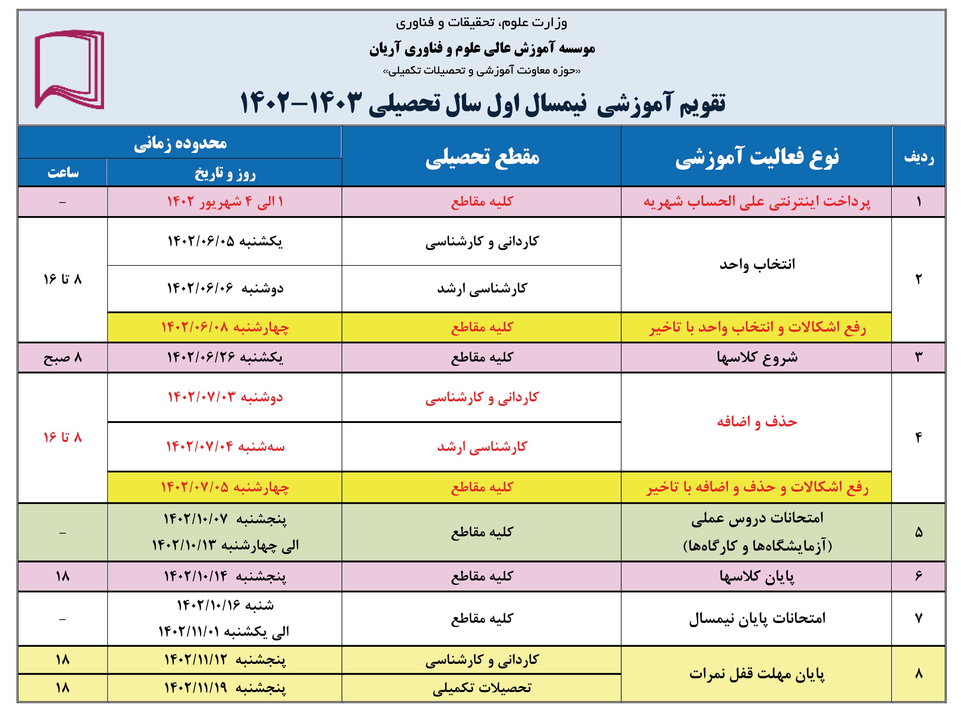 تقویم آموزشی نیمسال اول ۱۴۰۳–۱۴۰۲